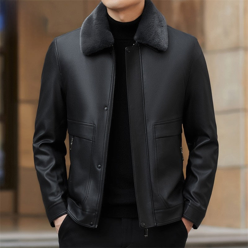 Men's Sheepskin Zip-Front Jacket with Detachable Collar — Black