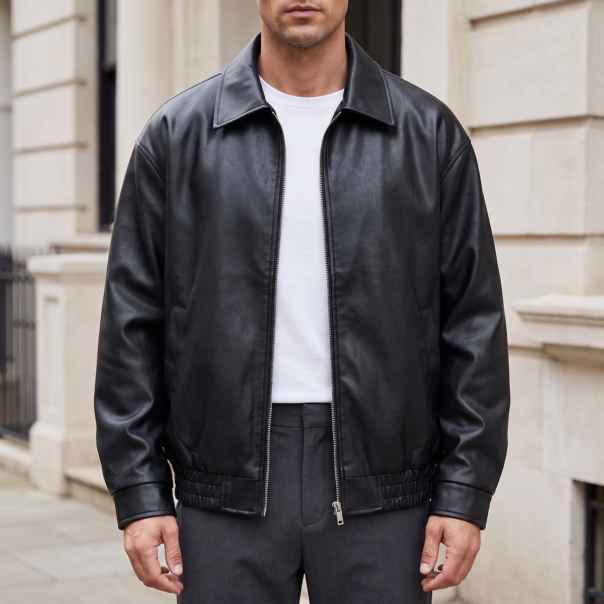Men's black oversized faux leather jacket, front lifestyle view