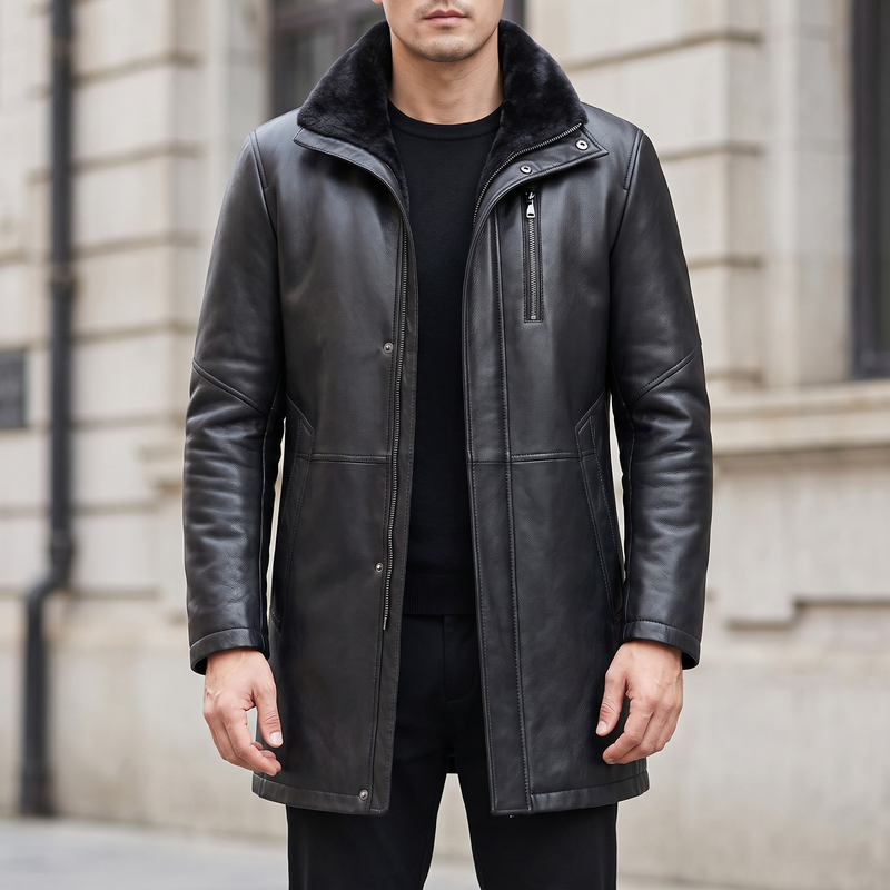 Men's black fleece-lined sheepskin coat, front lifestyle view