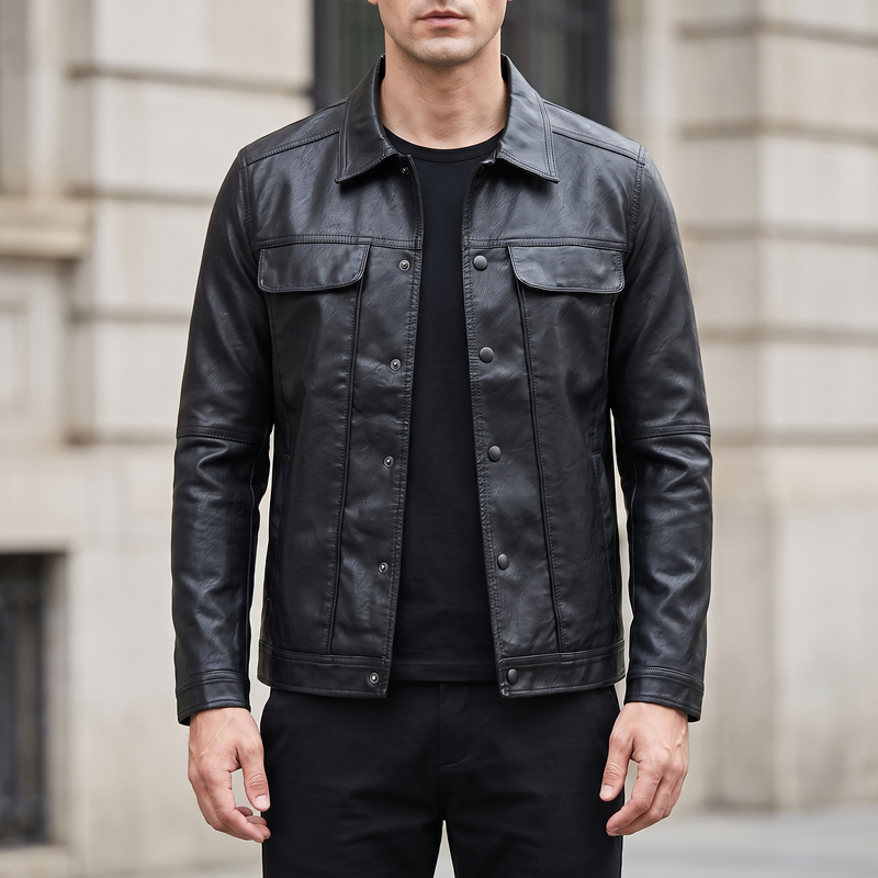 Men's black faux leather trucker jacket, front lifestyle view