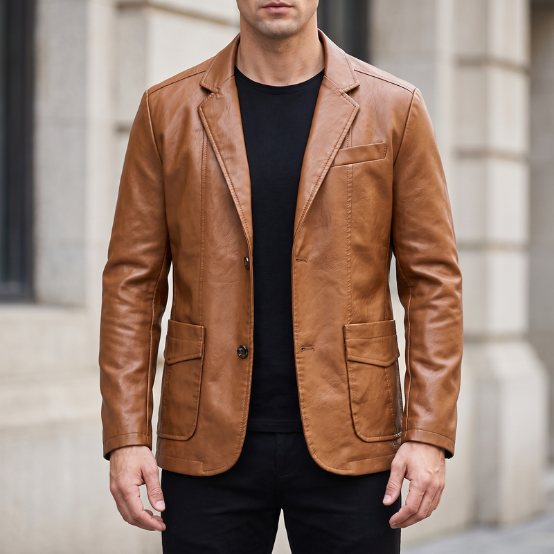Men's camel brown coated split leather blazer, front lifestyle view