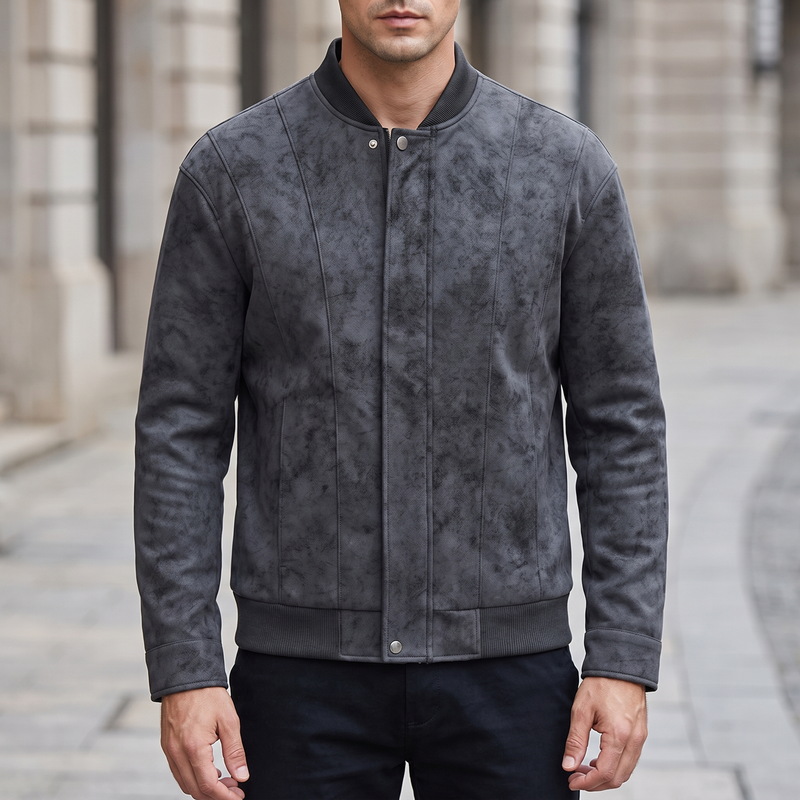 Men's charcoal faux leather bomber jacket, front lifestyle