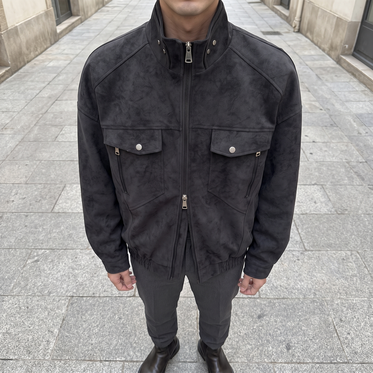 Men's Faux Leather Utility Jacket with Zip Chest Pockets, charcoal, front lifestyle