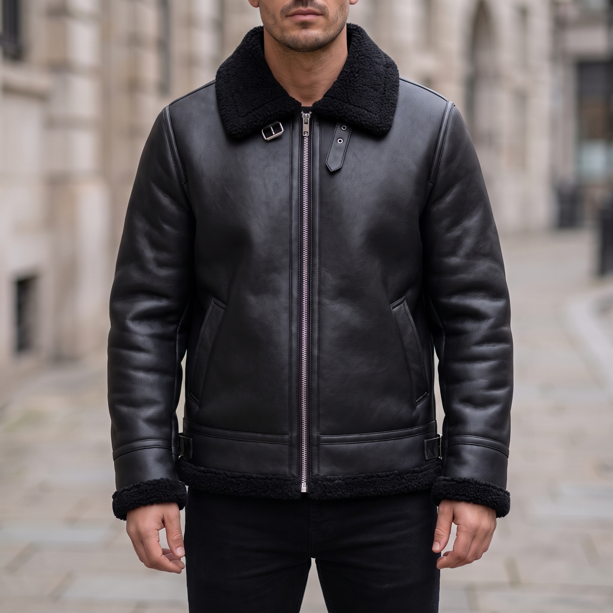 Men's Faux Leather Aviator Jacket with Fleece Trim, black, front lifestyle