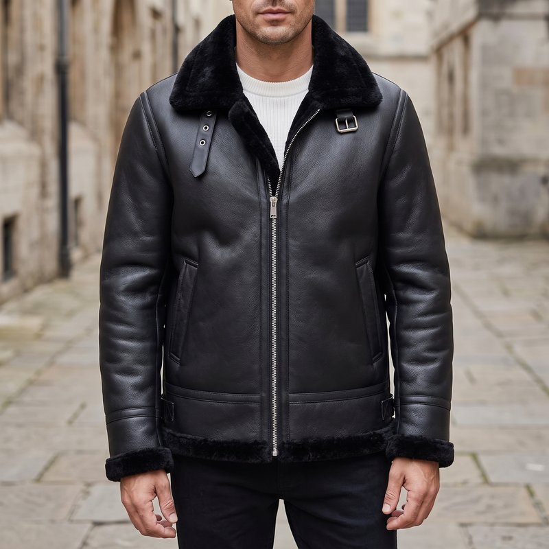 Men's Faux Leather Winter Jacket with Buckle Collar, black, front lifestyle
