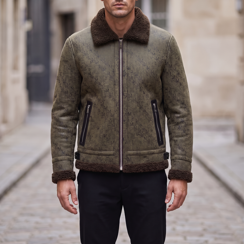 Men's Letter-Pattern Fleece-Collar Zip Jacket, olive, front lifestyle
