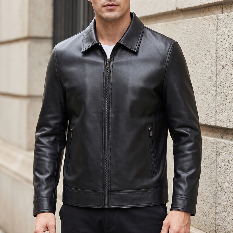 Men's Point-Collar Zip Jacket with Side Pockets, Black, front lifestyle