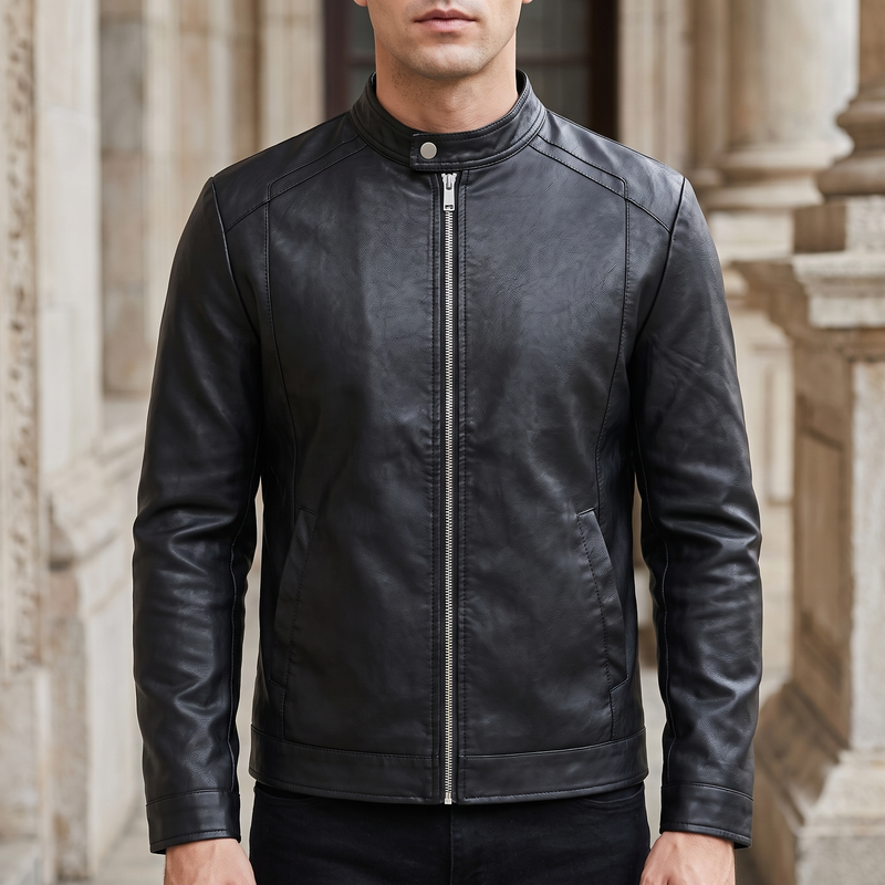 Men's Black Faux Leather Racer Jacket with Zip Cuffs, front lifestyle