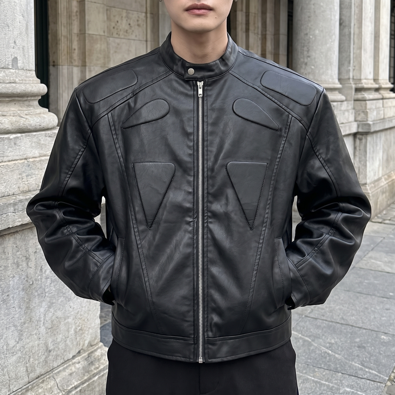 Men's Cropped Faux Leather Jacket with Panelled Shoulders, Black, front lifestyle