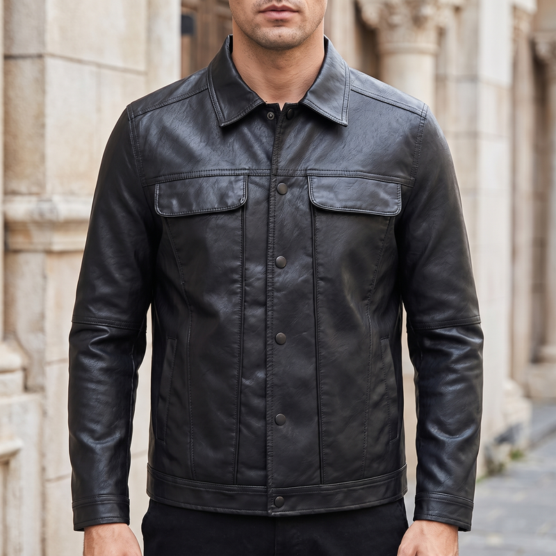 Men's Faux Leather Snap-Front Trucker Jacket, Black, front lifestyle