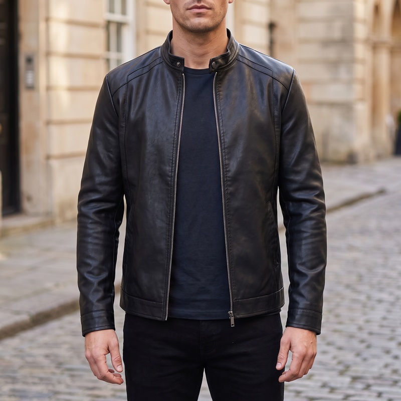 Men's Slim Faux Leather Racer Jacket, Black, front lifestyle