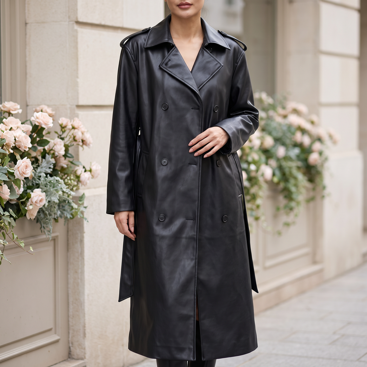 Women's Black Long Faux Leather Belted Trench Coat – Black – front on model