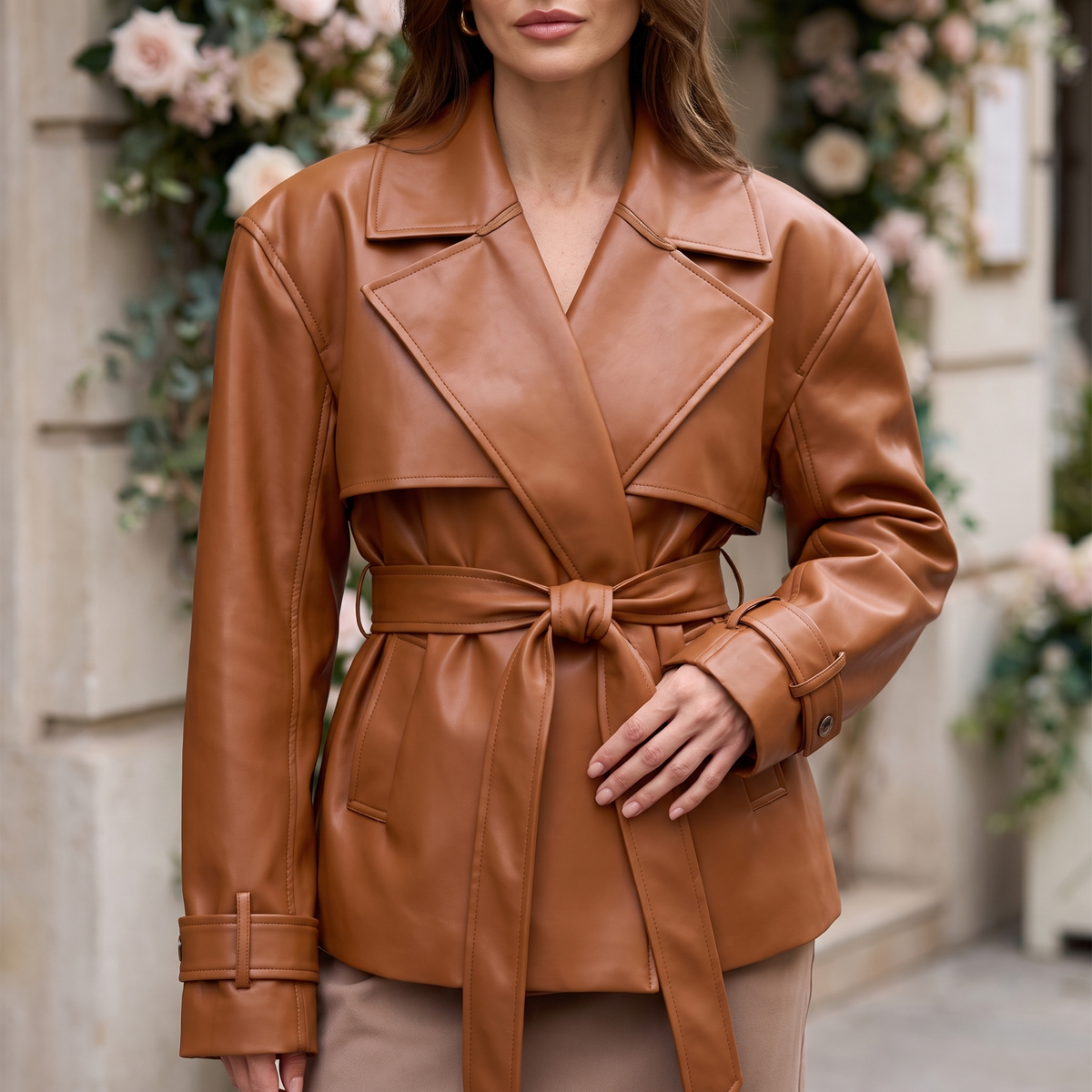 Women's Belted Faux Leather Short Trench Jacket in Brown – front on model