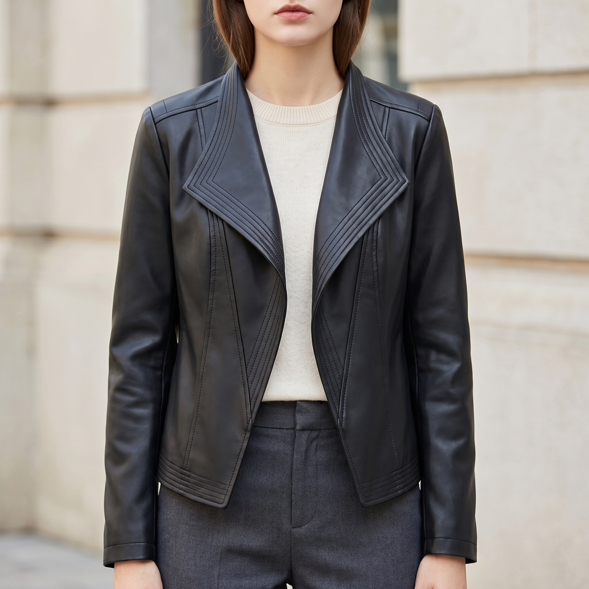Fitted stitched-lapel faux leather jacket — Black