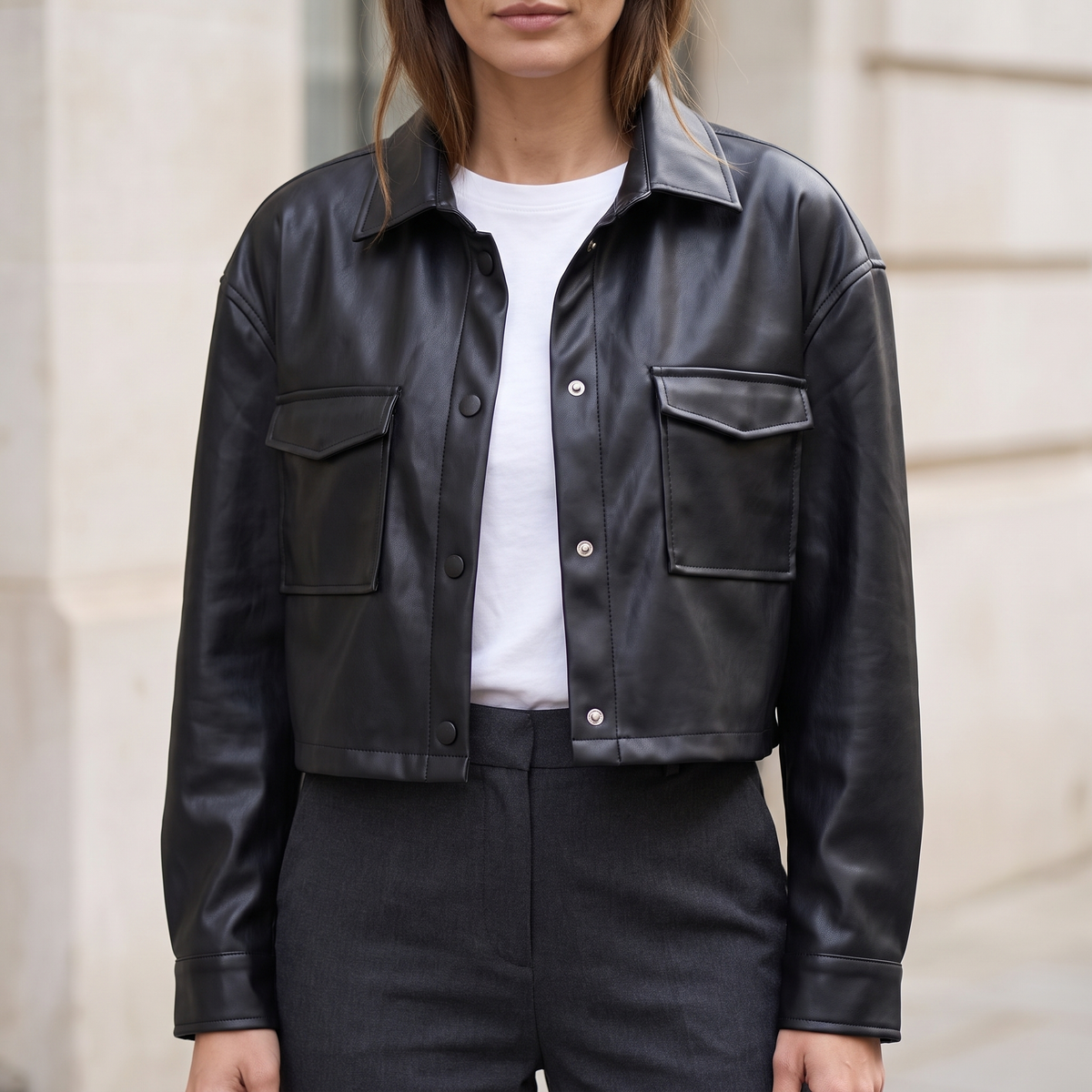 Black cropped faux leather shirt jacket — front lifestyle view