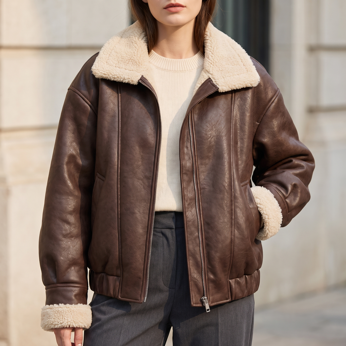 Women's Brown Fleece-Trim Aviator Jacket