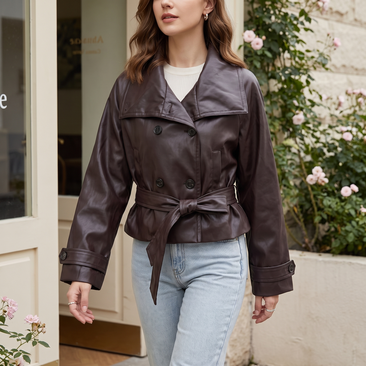 Women's Cropped Double-Breasted Faux Leather Jacket with Tie Belt — front on model