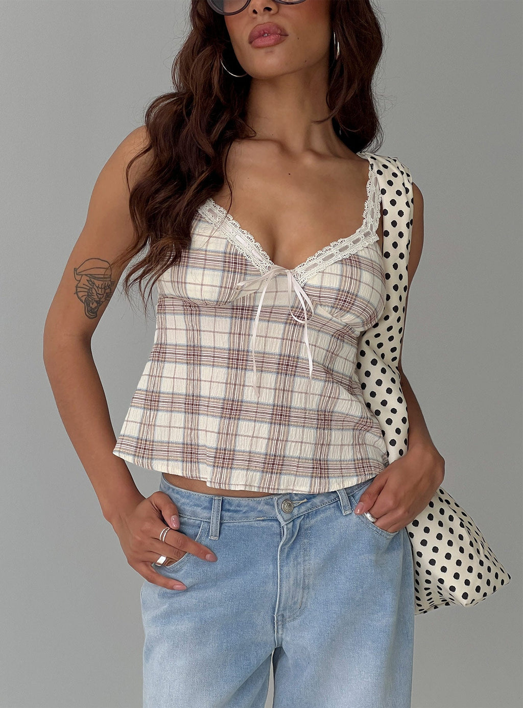 Women's Pretty It Up Tie Detail Top Beige Check
