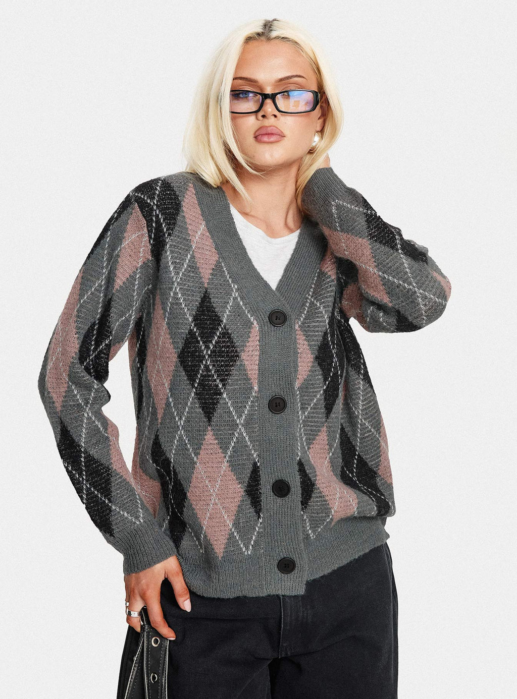 Women's Zeeva Button Through Knit Cardigan Grey Argyle — Sweater