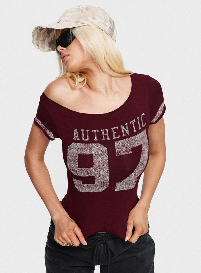Women's 97 Authentic Off Shoulder Graphic Top Maroon