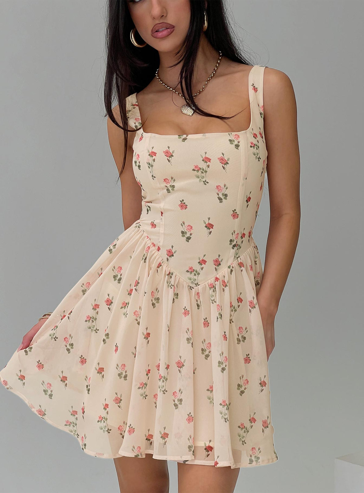 Women's Straplie Mini Dress Cream Floral — Dress