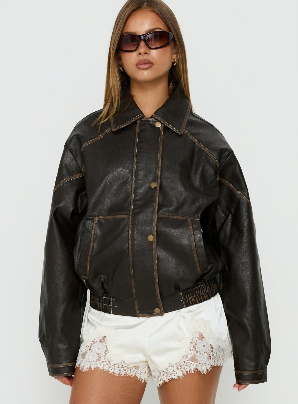 Women's Jaxton Faux Leather Jacket Brown Petite