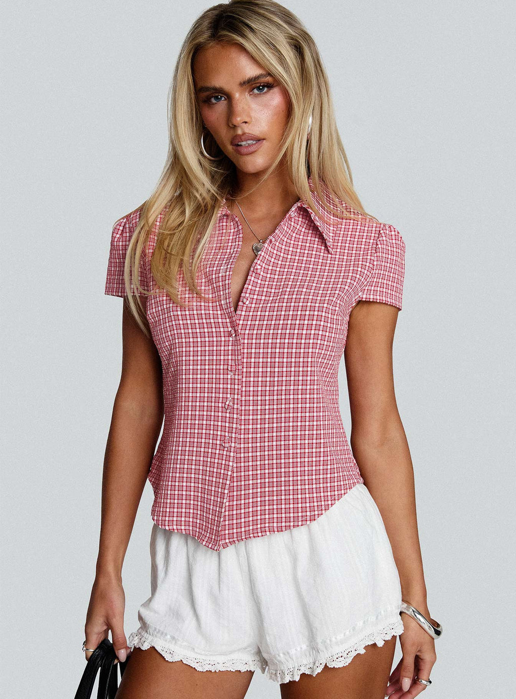 Women's Float Away Button Up Top Red Check