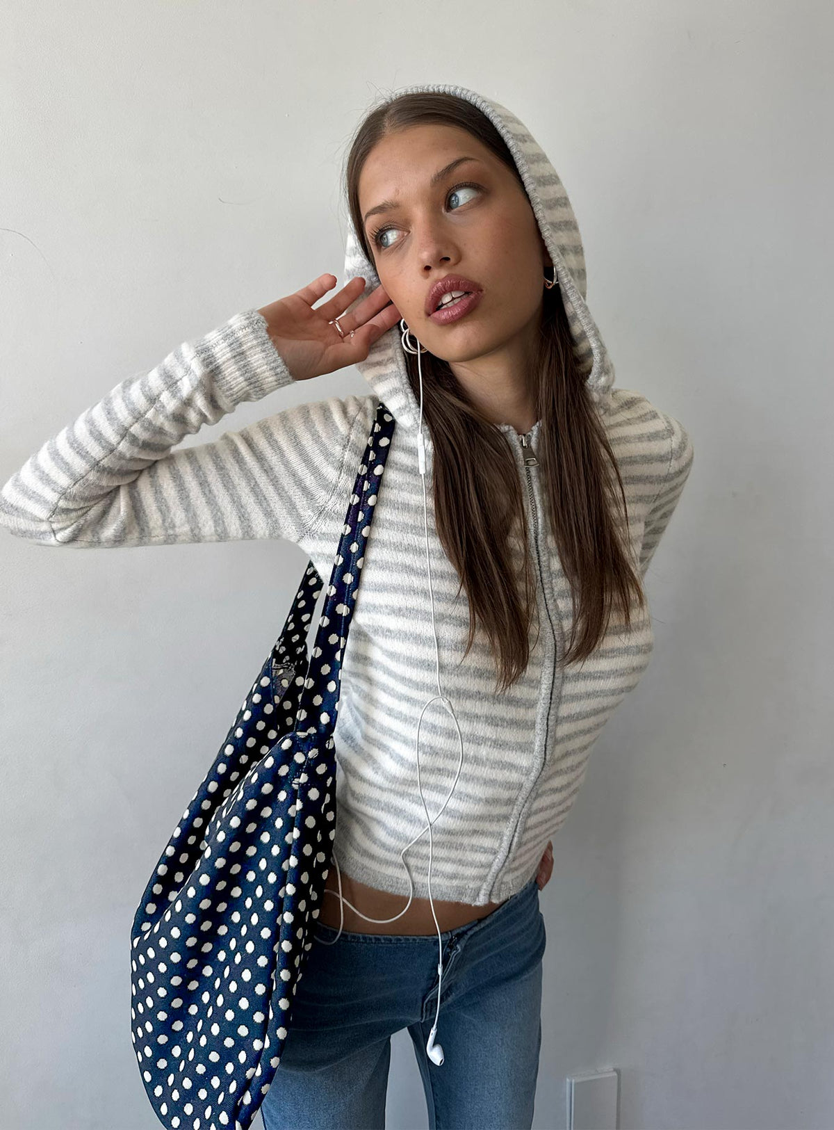 Women's Superstars Zip Through Hoodie Grey / Cream Stripe — Sweater