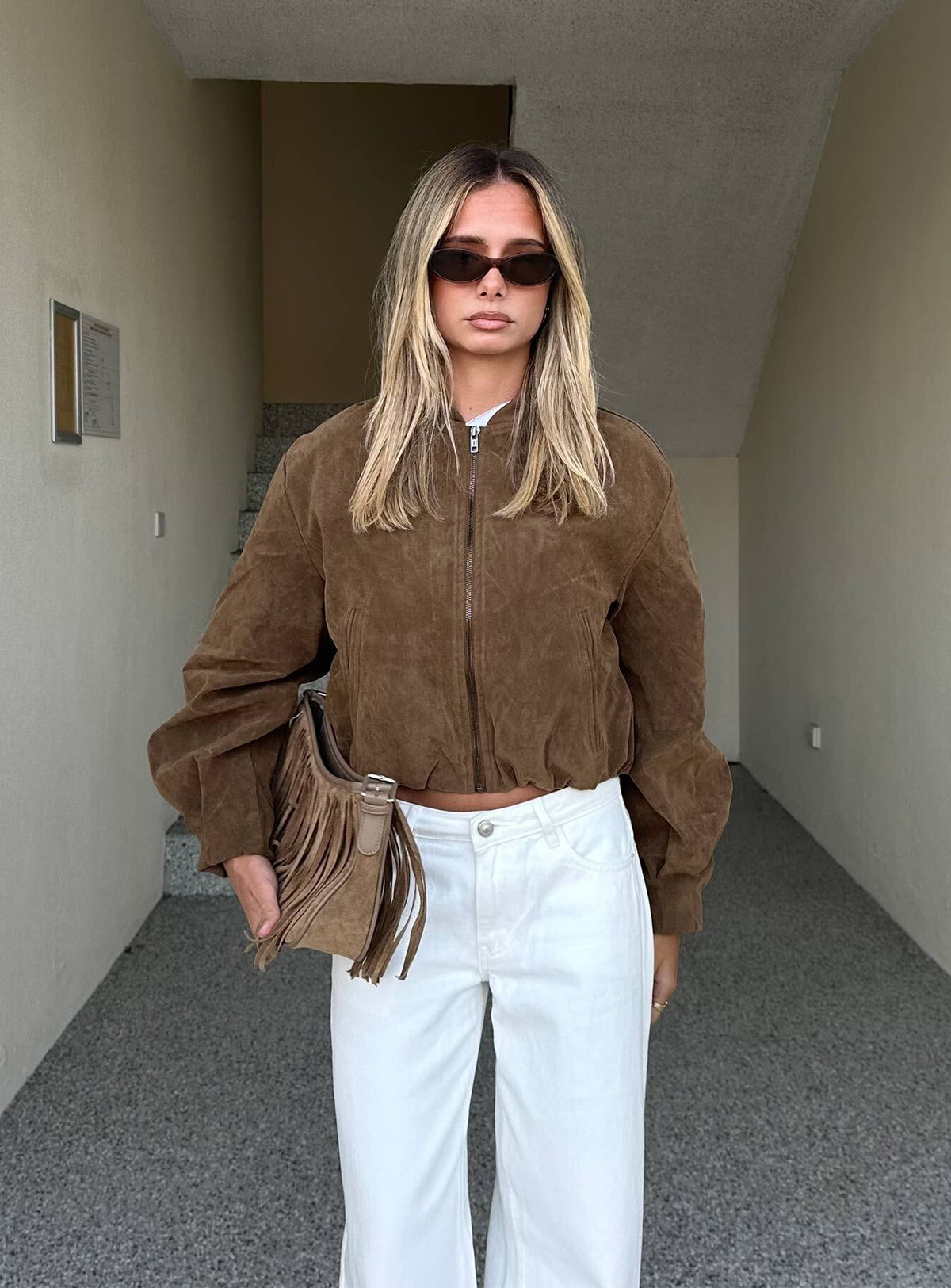 Women's Mastery Faux Suede Bomber Jacket Brown