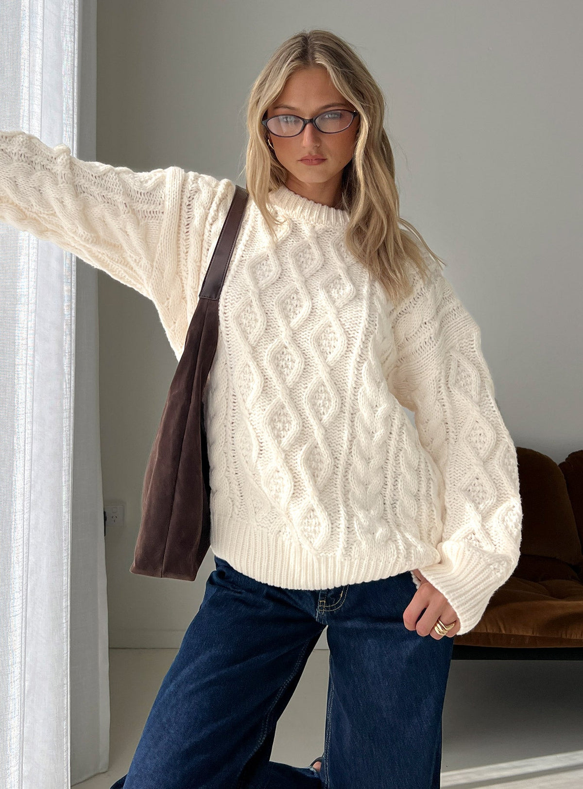 Women's Rorey Cable Knit Crew Neck Sweater White
