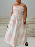 Women's Persephone Shirring Linen Maxi Dress Pink Stripe Curve — Dress