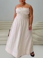 Women's Persephone Shirring Linen Maxi Dress Pink Stripe Curve — Dress