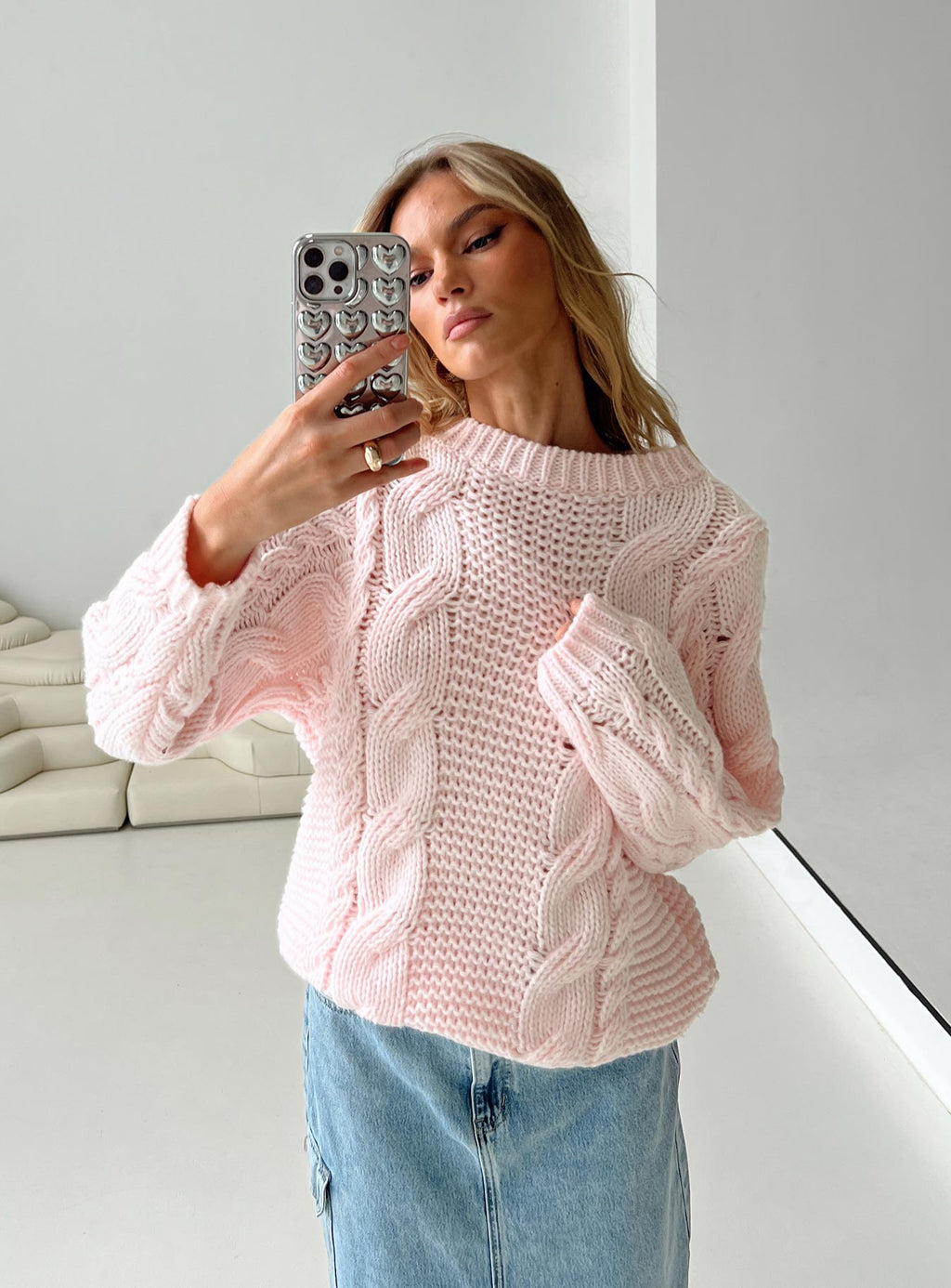 Women's Ellison Cable Knit Sweater Blush Pink