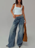 Women's Paltrow Mid Rise Wide Leg Cargo Jeans Mid Blue Wash Petite