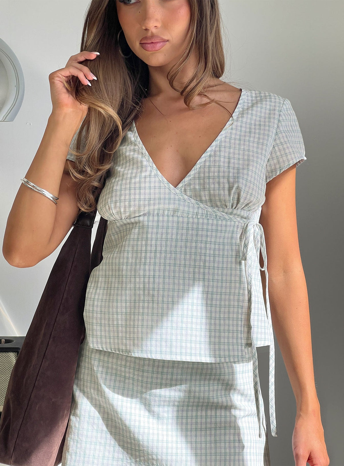 Women's Prominent Wrap Top Green Check