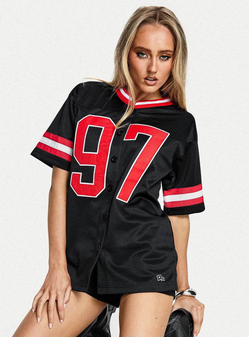 Women's SDSU Football Button Down Jersey Black — Top