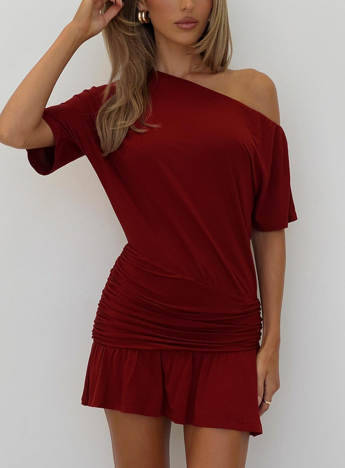 Women's Haylo Off Shoulder Drape Mini Dress Burgundy — Dress