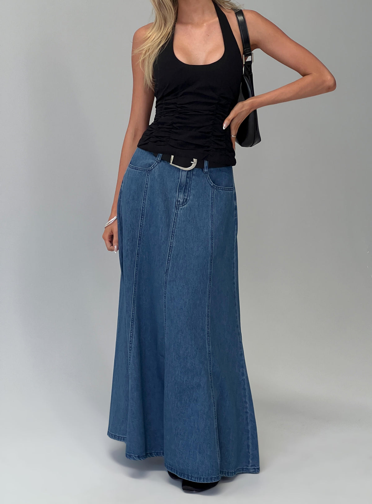 Women's Charleigh Soft Pleat Denim Maxi Skirt Mid Blue Wash