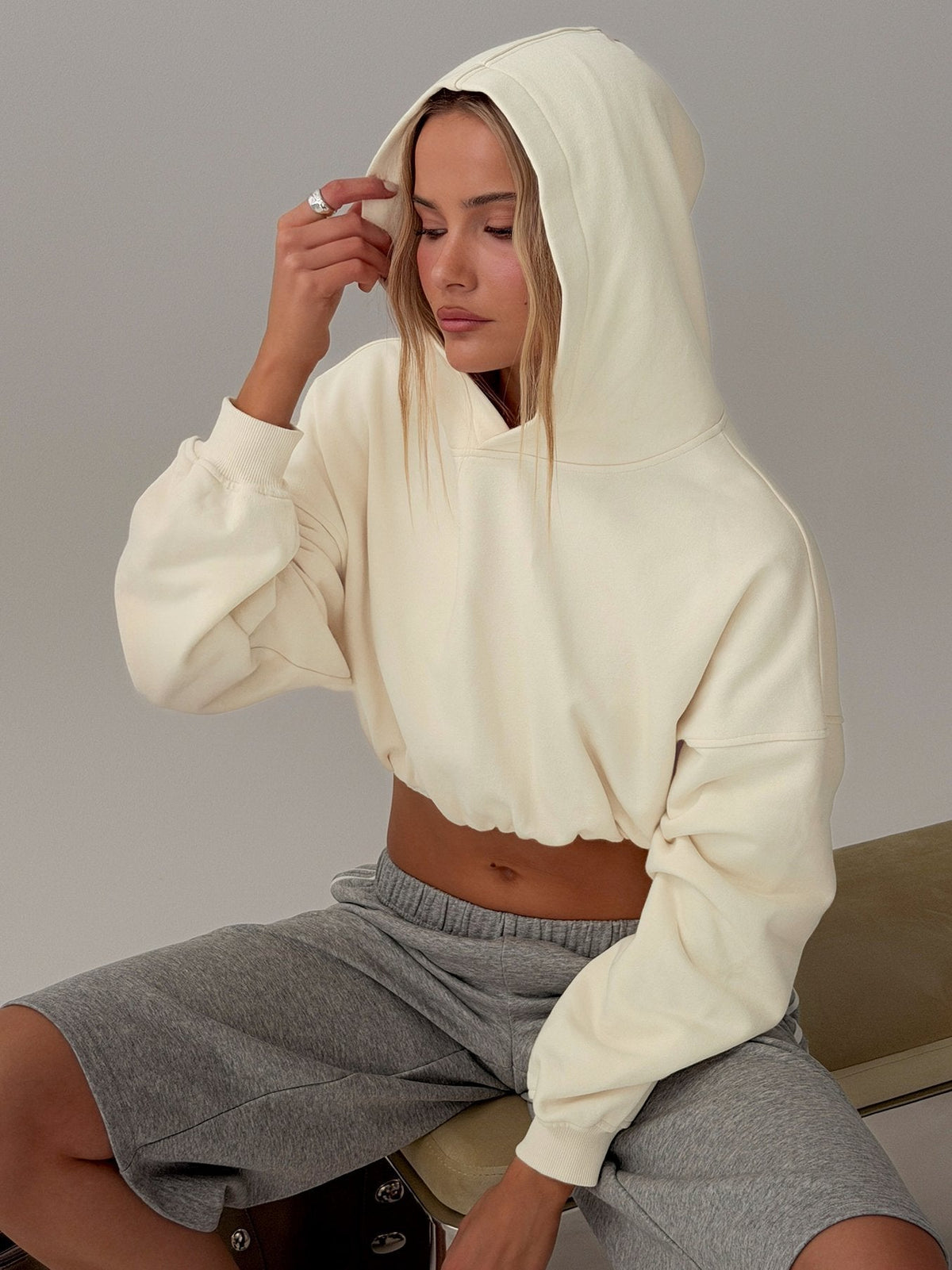Women's Mayse Bubble Hem Cropped Hoodie Cream — Sweater