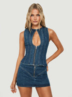 Women's Capree Zip Up Top Mid Wash Denim