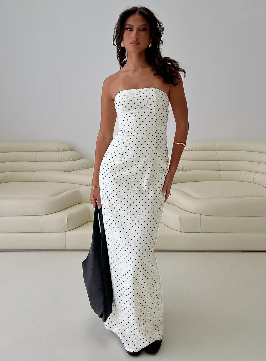 Women's Dovie Linen Blend Strapless Midi Dress Cream Polka — Dress