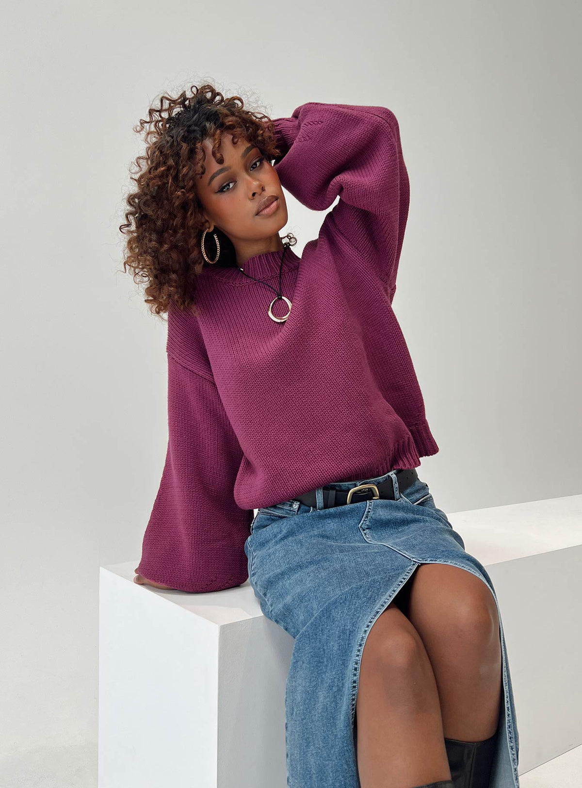 Women's Harmony Balloon Sleeve Knit Sweater Burgundy