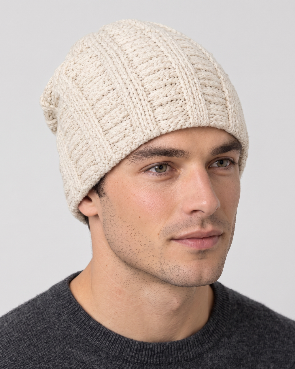 Men's Soft Stretch Knit Beanie — Beige — hero — wb-gender-final-176