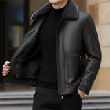 Men's Sheepskin Zip-Front Jacket with Detachable Collar — Black open-front view