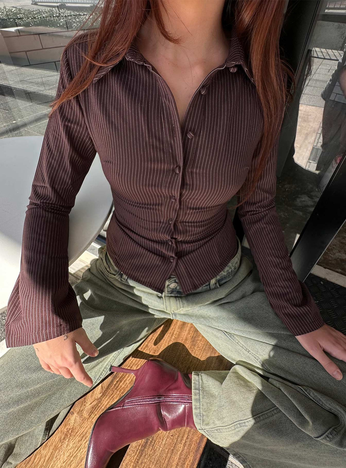 Women's Anni Pinstripe Shirt Brown Petite — Top