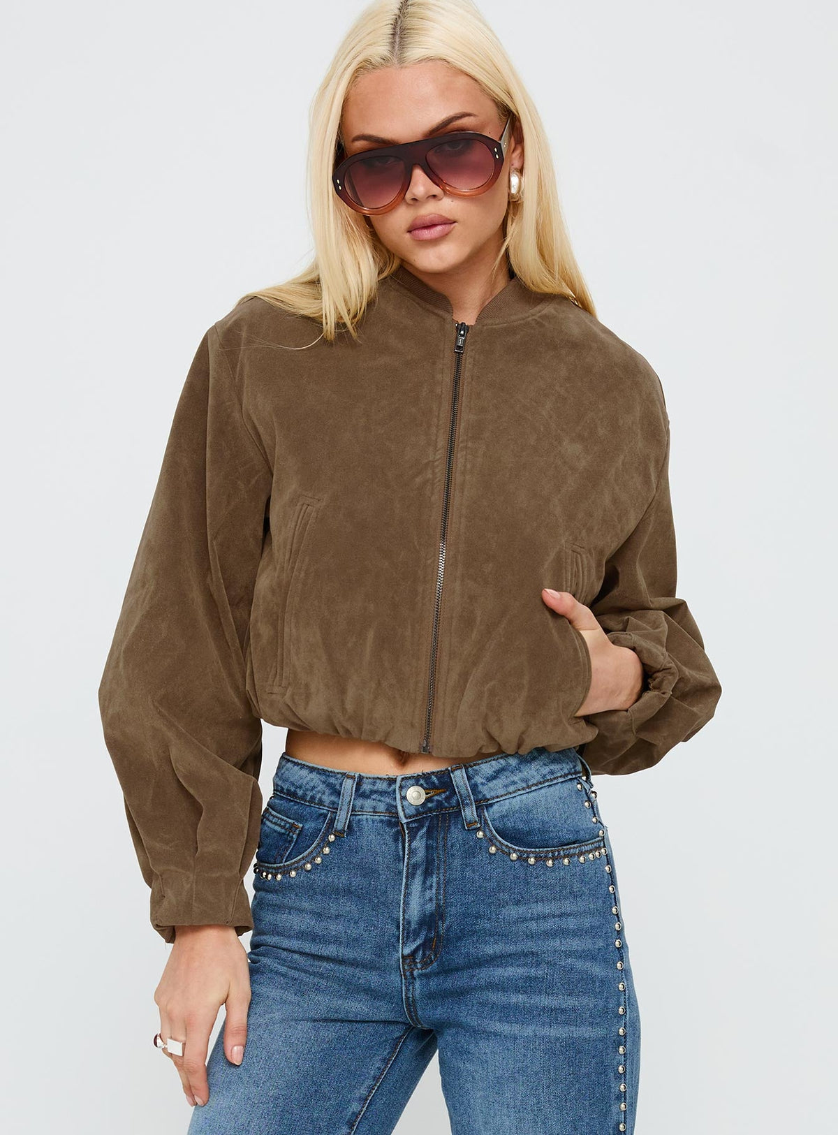 Women's Mastery Faux Suede Bomber Jacket Brown