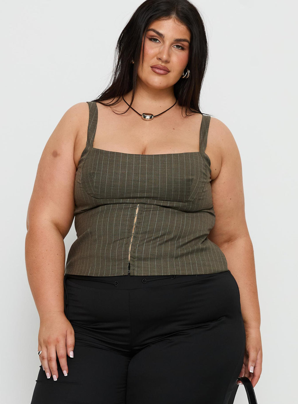 Women's Nylen Tailored Suiting Top Brown Pinstripe Curve