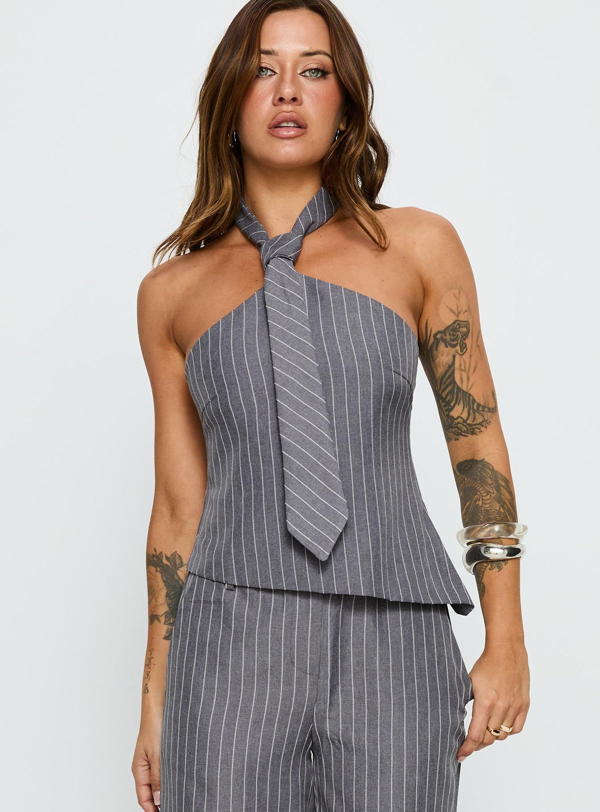 Women's Uvelia Tie Detail Top Grey Pinstripe