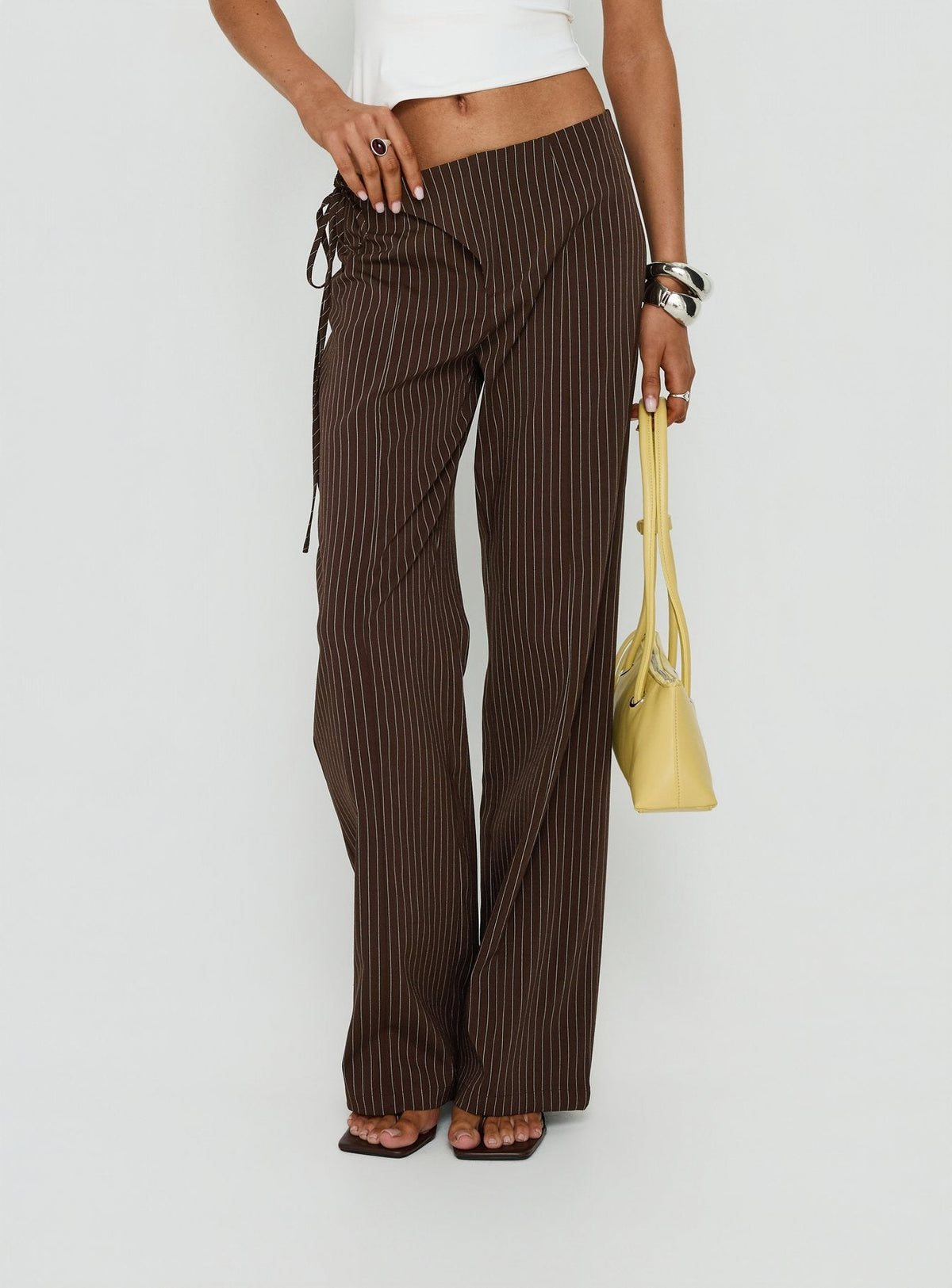 Women's Editta Tie Detail Low Rise Tailored Pants Brown Pinstripe