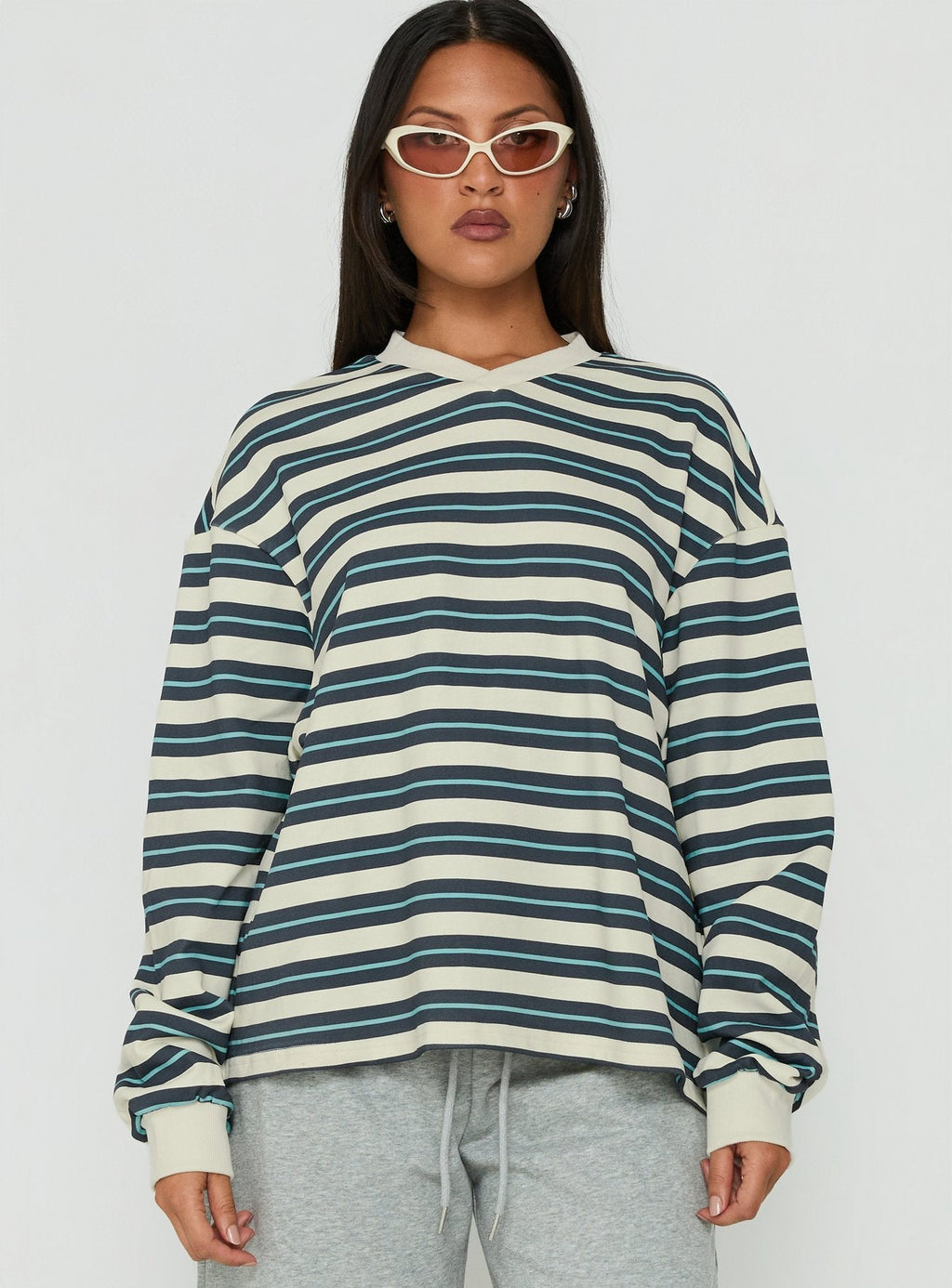Women's Opollo V Neck Jumper Blue Multi Stripe — Sweater